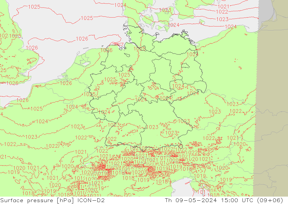 地面气压 ICON-D2 星期四 09.05.2024 15 UTC