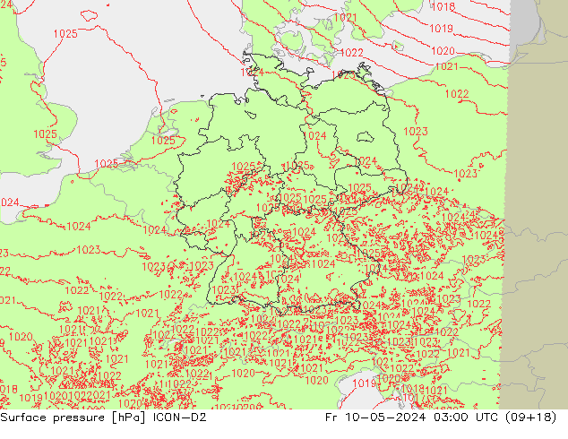 Atmosférický tlak ICON-D2 Pá 10.05.2024 03 UTC