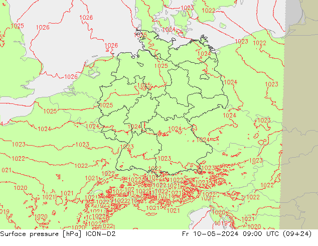 地面气压 ICON-D2 星期五 10.05.2024 09 UTC