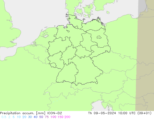 Totale neerslag ICON-D2 do 09.05.2024 10 UTC