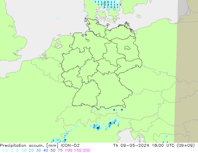 Precipitation accum. ICON-D2 Th 09.05.2024 18 UTC