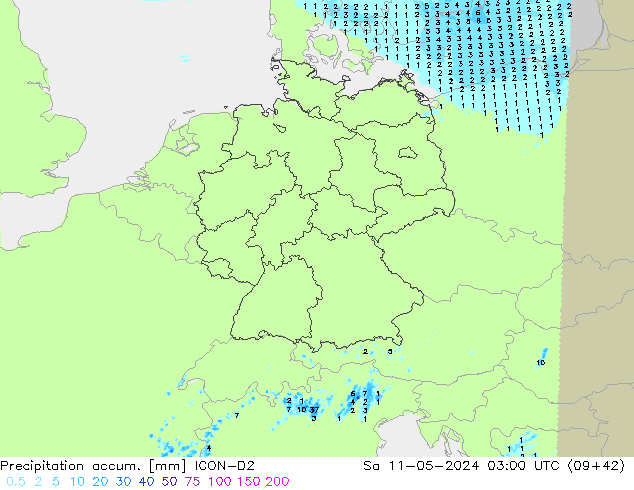 Precipitation accum. ICON-D2 so. 11.05.2024 03 UTC