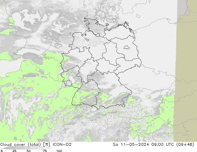 Nubes (total) ICON-D2 sáb 11.05.2024 09 UTC