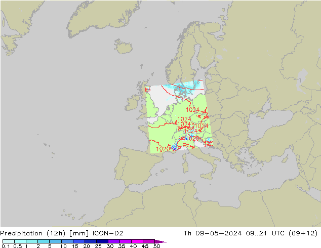Precipitation (12h) ICON-D2 Th 09.05.2024 21 UTC