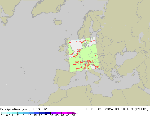 Srážky ICON-D2 Čt 09.05.2024 10 UTC