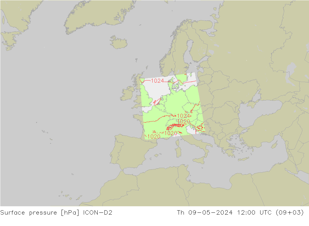 地面气压 ICON-D2 星期四 09.05.2024 12 UTC