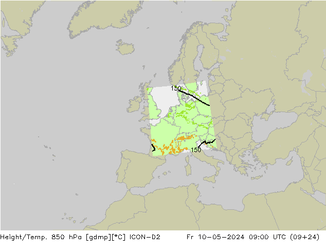 Height/Temp. 850 hPa ICON-D2 Sex 10.05.2024 09 UTC
