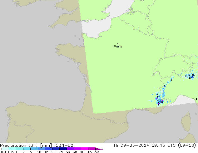 Totale neerslag (6h) ICON-D2 do 09.05.2024 15 UTC