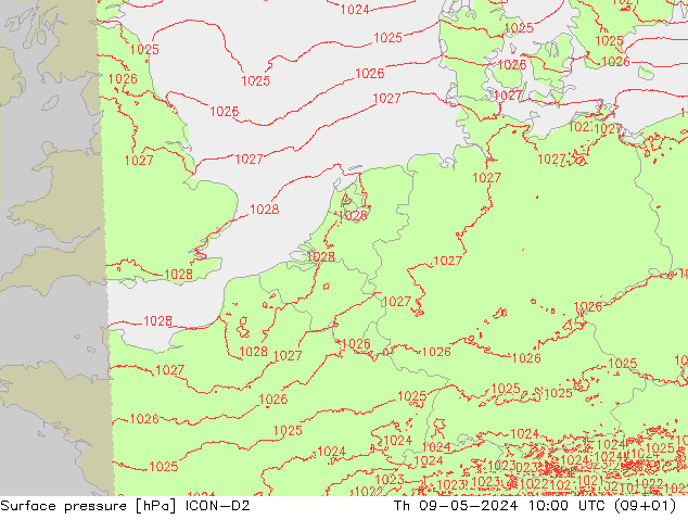 地面气压 ICON-D2 星期四 09.05.2024 10 UTC