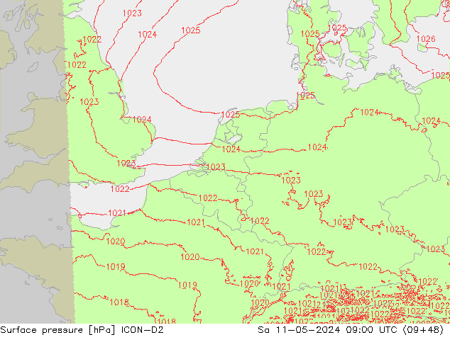 Presión superficial ICON-D2 sáb 11.05.2024 09 UTC