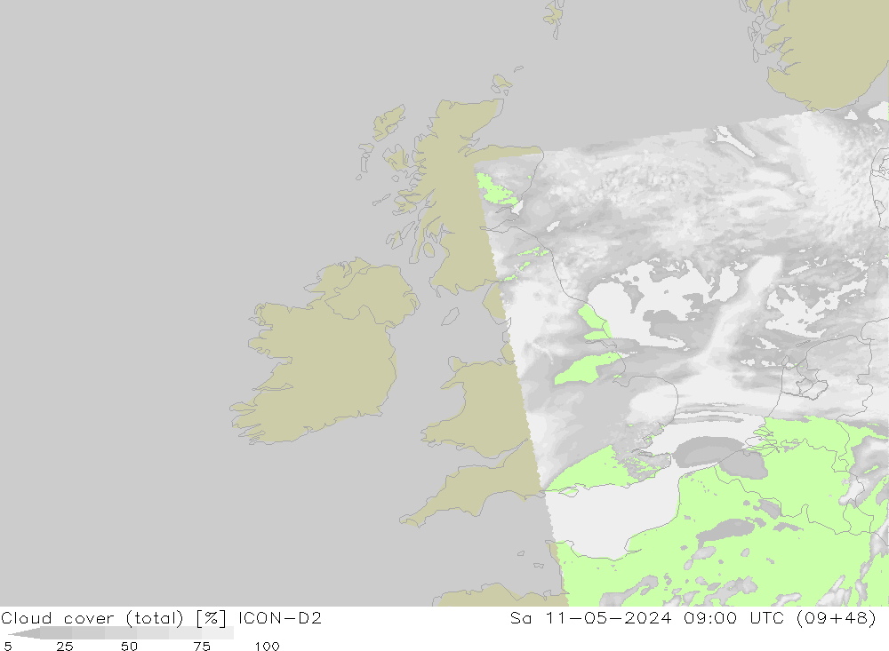 nuvens (total) ICON-D2 Sáb 11.05.2024 09 UTC