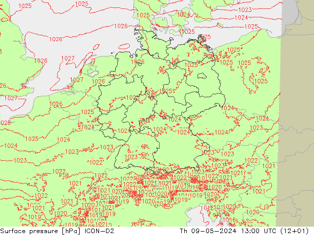 地面气压 ICON-D2 星期四 09.05.2024 13 UTC