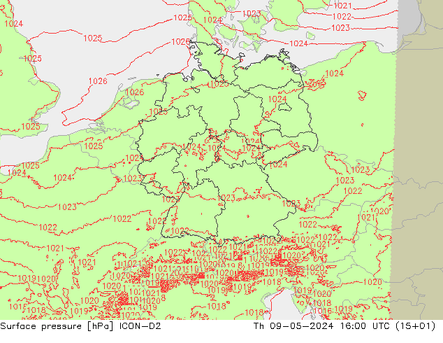 Atmosférický tlak ICON-D2 Čt 09.05.2024 16 UTC