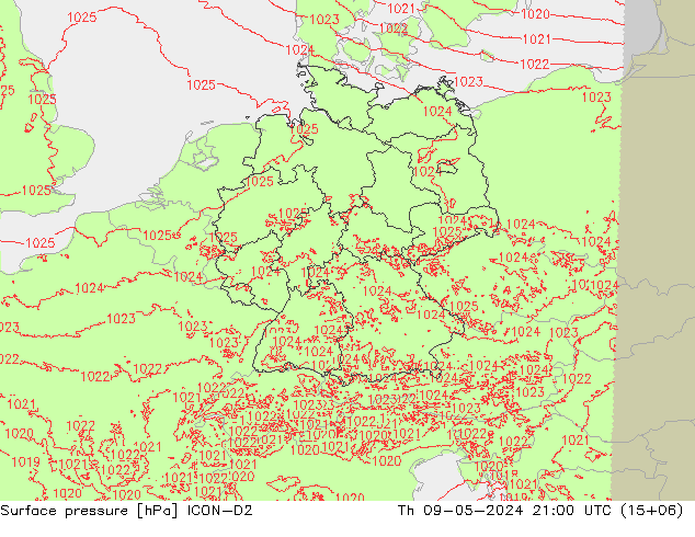 地面气压 ICON-D2 星期四 09.05.2024 21 UTC