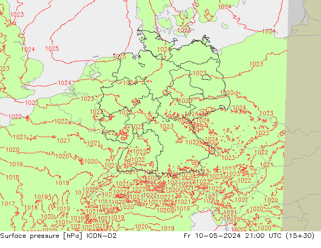 Presión superficial ICON-D2 vie 10.05.2024 21 UTC