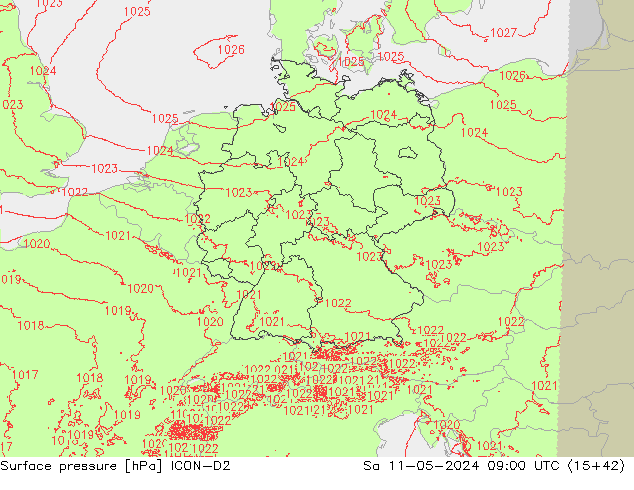 Pressione al suolo ICON-D2 sab 11.05.2024 09 UTC