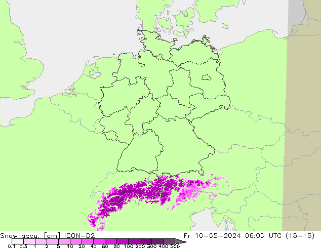 Snow accu. ICON-D2 Fr 10.05.2024 06 UTC