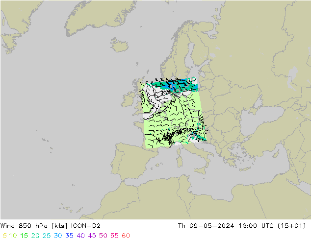 风 850 hPa ICON-D2 星期四 09.05.2024 16 UTC