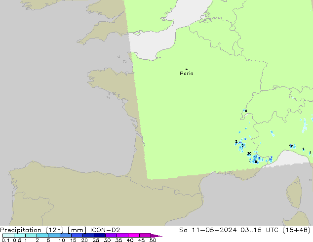 Precipitação (12h) ICON-D2 Sáb 11.05.2024 15 UTC