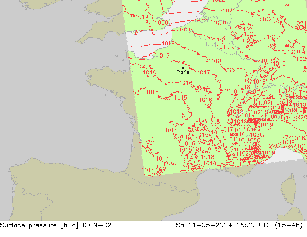 Pressione al suolo ICON-D2 sab 11.05.2024 15 UTC