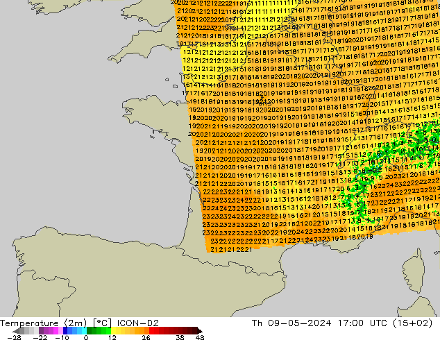 Temperatuurkaart (2m) ICON-D2 do 09.05.2024 17 UTC