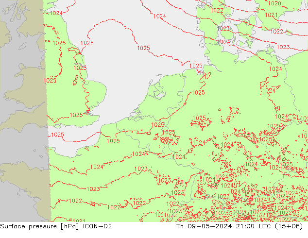Pressione al suolo ICON-D2 gio 09.05.2024 21 UTC