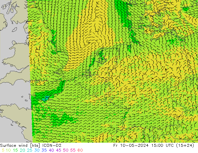 Surface wind ICON-D2 Pá 10.05.2024 15 UTC