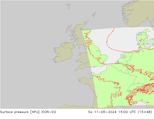 Presión superficial ICON-D2 sáb 11.05.2024 15 UTC