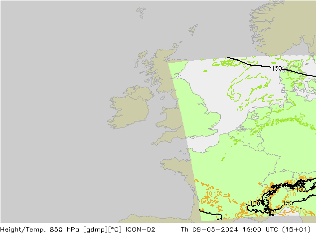 Height/Temp. 850 hPa ICON-D2 Qui 09.05.2024 16 UTC