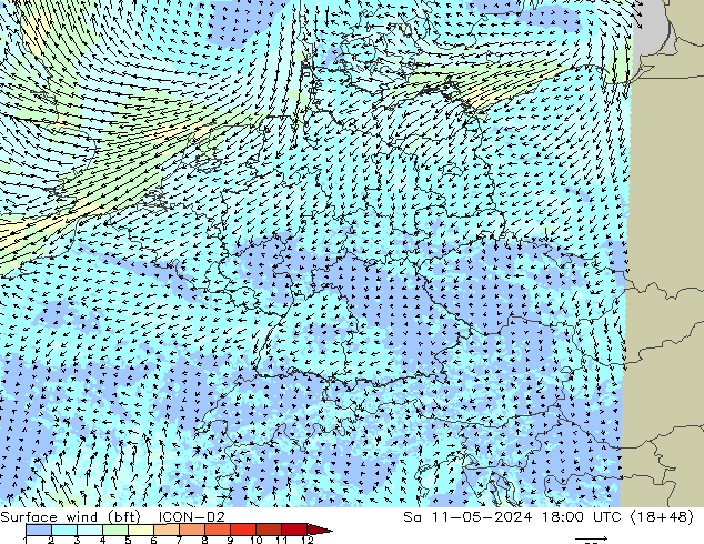 Surface wind (bft) ICON-D2 Sa 11.05.2024 18 UTC