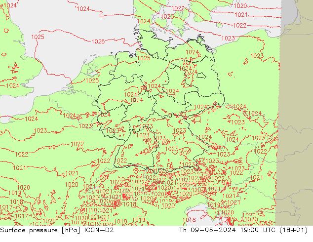 地面气压 ICON-D2 星期四 09.05.2024 19 UTC