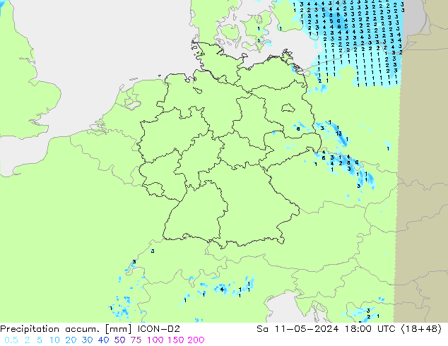 Precipitation accum. ICON-D2 Sáb 11.05.2024 18 UTC