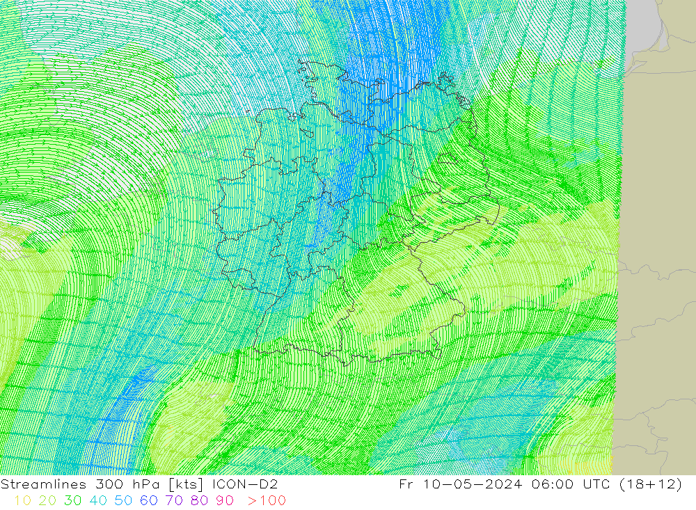 ветер 300 гПа ICON-D2 пт 10.05.2024 06 UTC