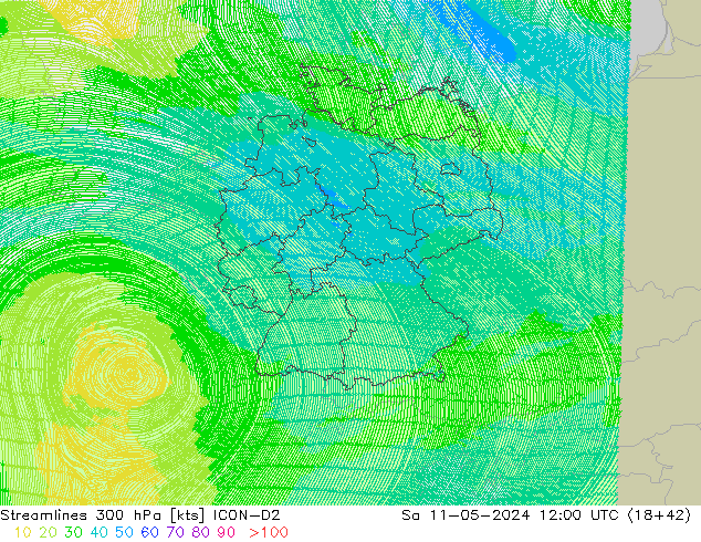 ветер 300 гПа ICON-D2 сб 11.05.2024 12 UTC