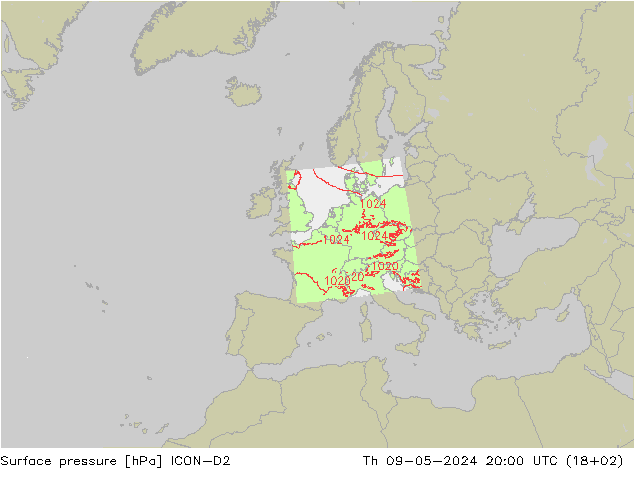 地面气压 ICON-D2 星期四 09.05.2024 20 UTC