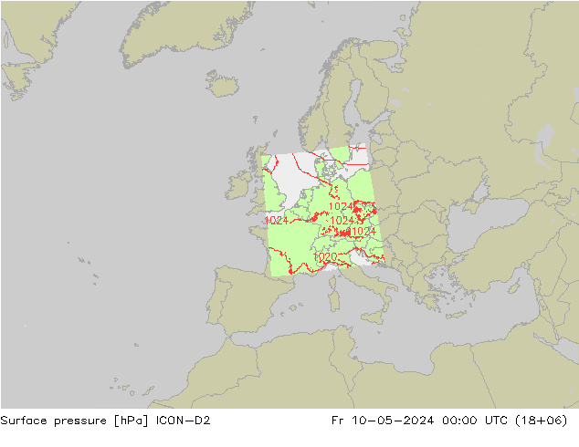 Pressione al suolo ICON-D2 ven 10.05.2024 00 UTC