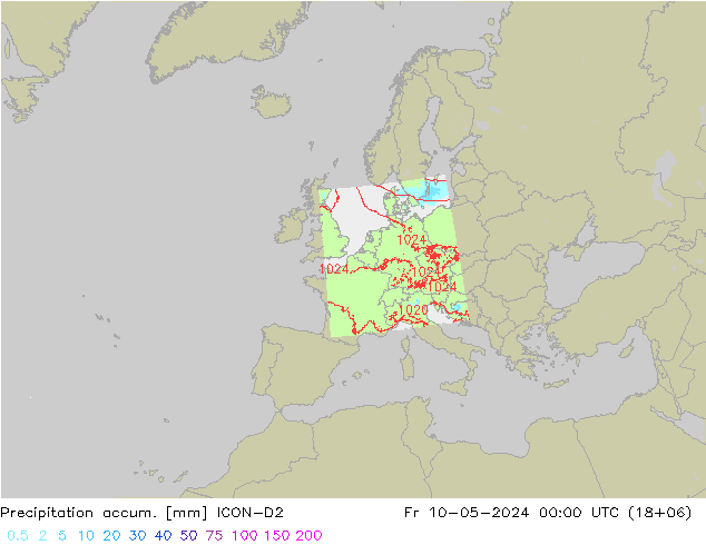 Precipitation accum. ICON-D2 Pá 10.05.2024 00 UTC