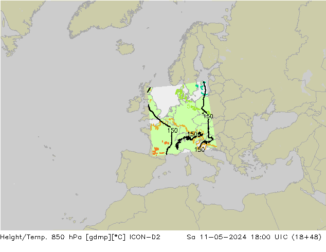 Height/Temp. 850 hPa ICON-D2 Sa 11.05.2024 18 UTC