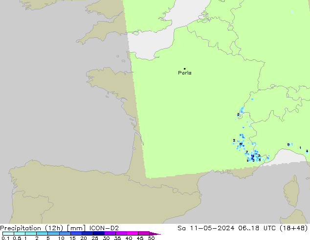 Precipitação (12h) ICON-D2 Sáb 11.05.2024 18 UTC