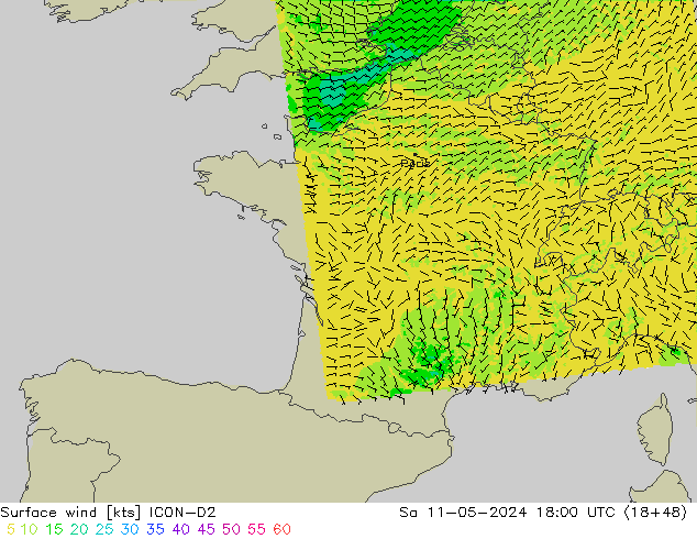 Viento 10 m ICON-D2 sáb 11.05.2024 18 UTC