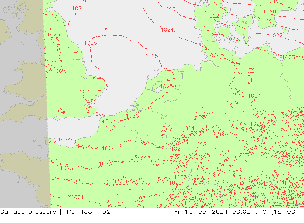 Presión superficial ICON-D2 vie 10.05.2024 00 UTC