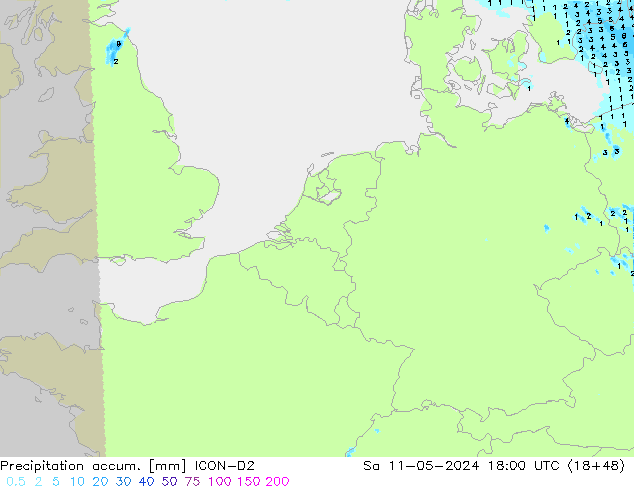 Precipitación acum. ICON-D2 sáb 11.05.2024 18 UTC