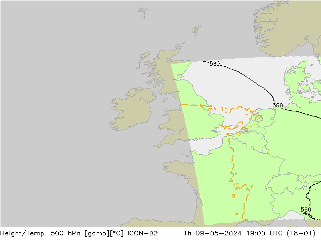 Height/Temp. 500 hPa ICON-D2 Čt 09.05.2024 19 UTC