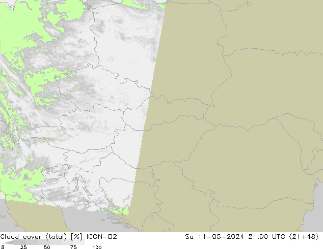 Cloud cover (total) ICON-D2 Sa 11.05.2024 21 UTC