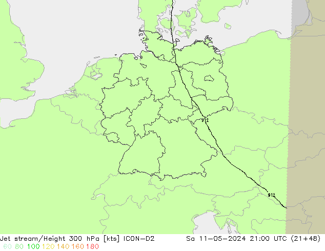 Jet stream/Height 300 hPa ICON-D2 Sa 11.05.2024 21 UTC