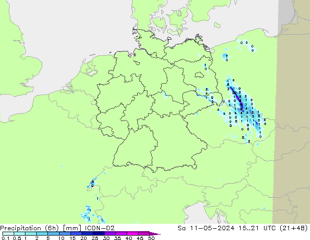 Precipitation (6h) ICON-D2 Sa 11.05.2024 21 UTC