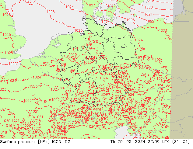 地面气压 ICON-D2 星期四 09.05.2024 22 UTC