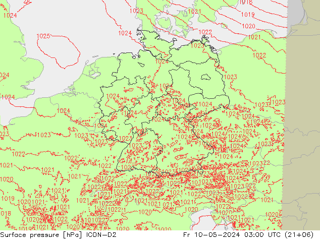 地面气压 ICON-D2 星期五 10.05.2024 03 UTC