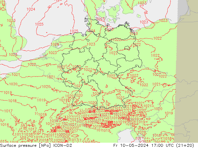 地面气压 ICON-D2 星期五 10.05.2024 17 UTC
