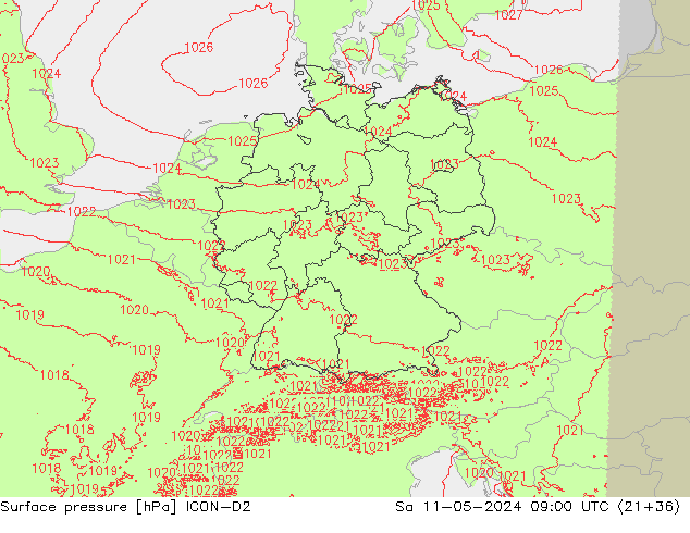 Pressione al suolo ICON-D2 sab 11.05.2024 09 UTC